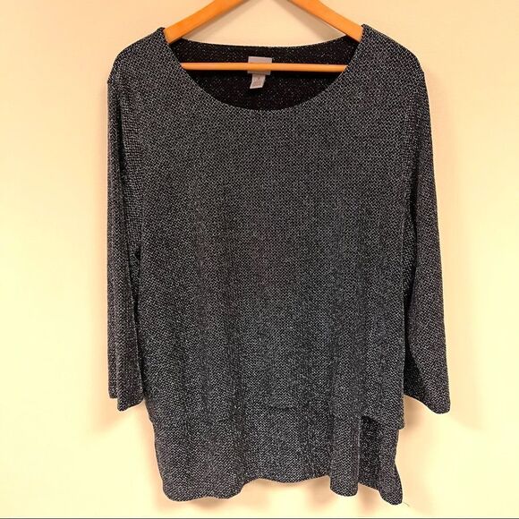 👠Chicos easywear black and silver metallic two layered top L - Picture 1 of 6